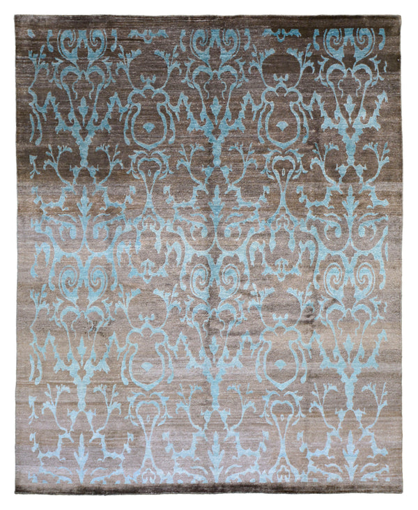 Transitional Posh Brown Turquoise Bamboo Silk Rug > Design # 1963 > 7' - 11" X 9' - 10"